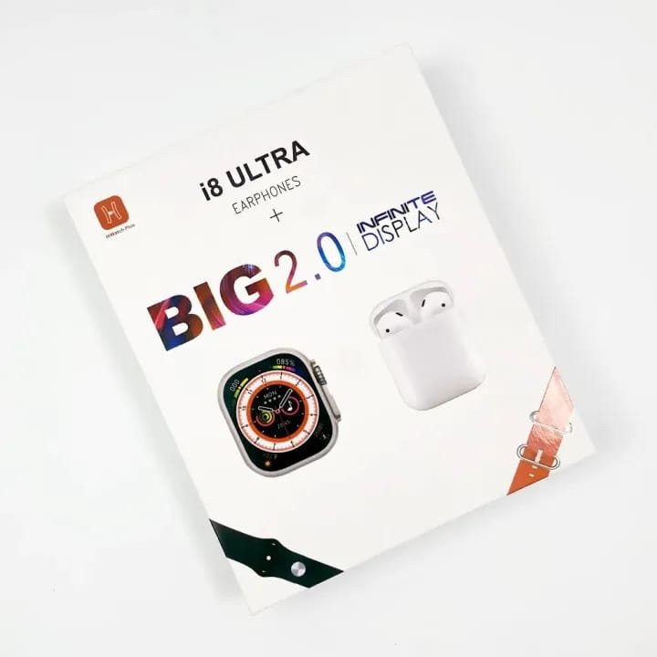 i8 Ultra Smartwatch + Wireless Earbuds Combo | 2.0" Infinite Display | Health Tracking | Bluetooth Calls | AirPods Style Earbuds | 2 Straps Included